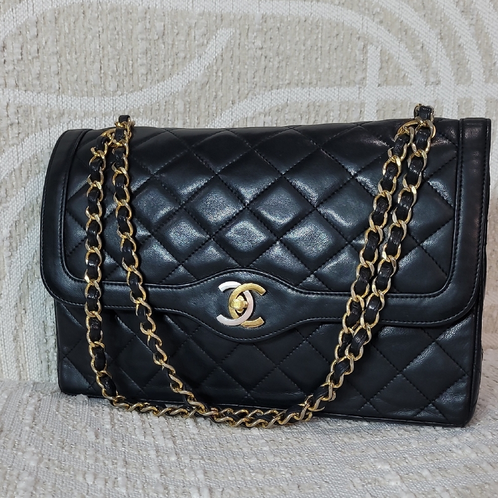 Chanel Paris limited Double Flap Black Quilted Shoulder Bag with Gold Chain